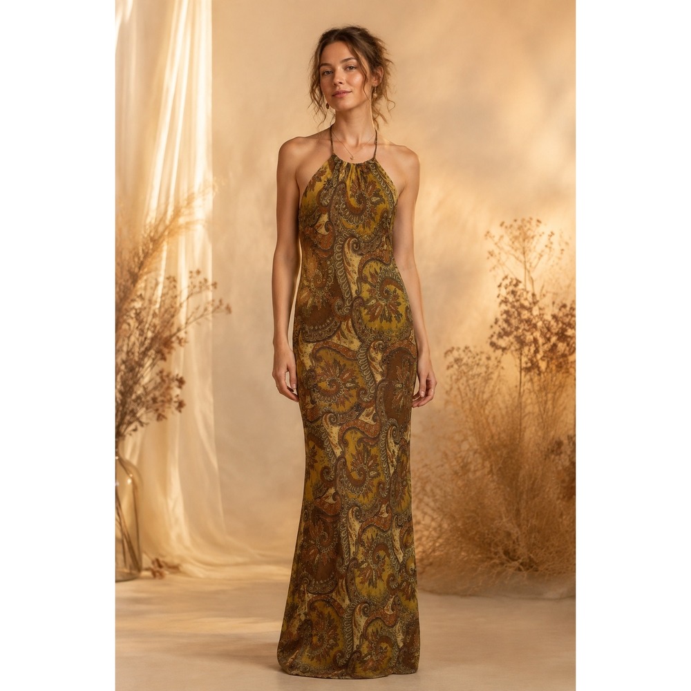 Vtg 90s Y2k Laundry by Shelli Segal Dress Womens 10 Halter Maxi Silk Beaded Sexy - Picture 4 of 16
